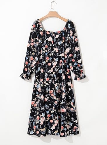 BLENCOT Women's Floral Print Puff Long Sleeve Maxi Dress Sexy Square Neck Tie Front Ruffle Hem Split A-line Beach Dresses Black L - Image 6