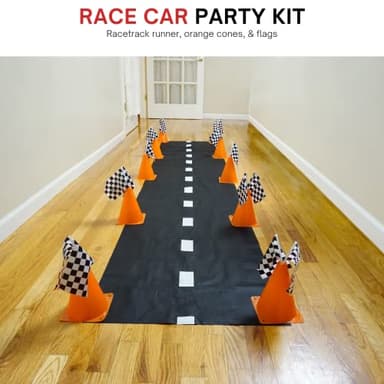 4E's Novelty 38 Pieces Set - 12 Traffic Cones With Hole on Top, 24 Checkered Flags, Racetrack Floor Runner - for For Race Car Birthday Party Supplies, Table Centerpiece Decorations Kids Gift - Image 5