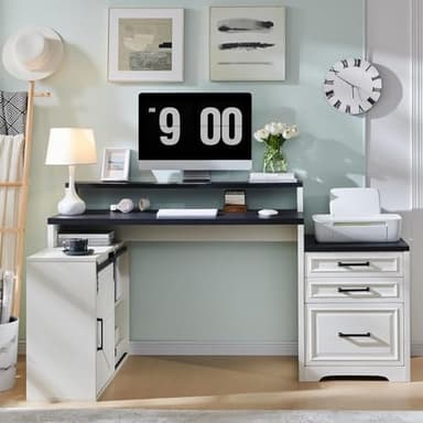 JXQTLINGMU Home Office Desk, Modern Farmhouse Computer Desk with File Cabinet Letter T4 F4 Legal, Study Writing Desk, 67 Inch, Off White - Image 3