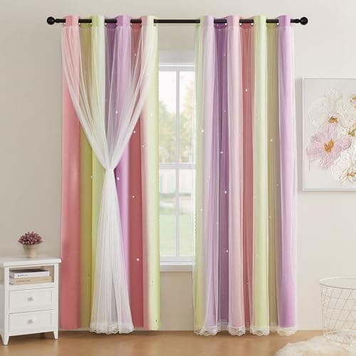 XiDi Pink Blackout Curtains for Bedroom Decor - Rainbow Unicorn Wall Decals for Girl's and Kids' Room - Purple and Yellow 34X72 Inch Long 1 Panel - Image 1