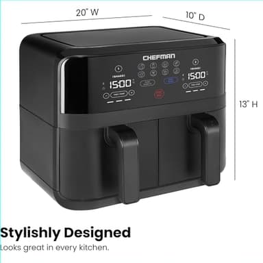 Chefman TurboFry Touch Dual Air Fryer, Maximize The Healthiest Meals With Double Basket Capacity, One-Touch Digital Controls And Shake Reminder For The Perfect Crispy And Low-Calorie Finish - Image 2