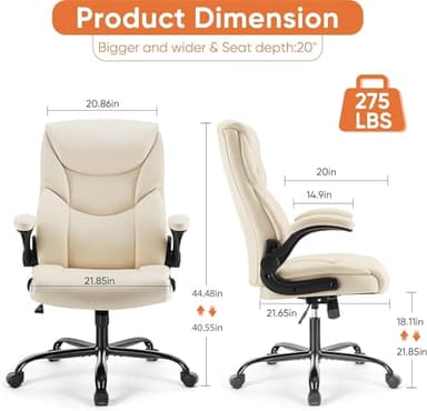 Sweetcrispy Ergonomic Office Chair Heavy Duty Task Desk Chair with Flip-up Arms, PU Leather, Adjustable Swivel Rolling Chair with Wheels, Beige - Image 3