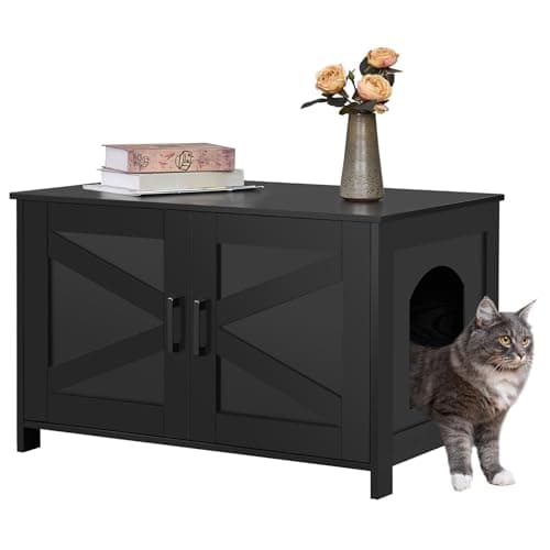 Homhedy Cat Litter Box Enclosure, Wooden Cat Washroom Furniture with Barn Door, Pet House, Fit Most of Litter Box, Black - Image 1