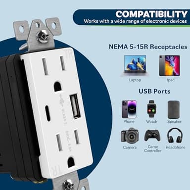 TOPGREENER USB Outlet, Type C & Type A USB Wall Outlet, 15 Amp Tamper Resistant Receptacle Plug, Charging Power Outlet with USB Ports, Wall Plate Included, UL Listed, TU21536AC-W-6PCS, White, 6 Pack - Image 2