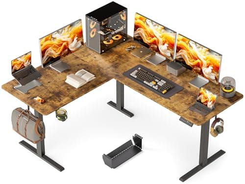WALKINGDESK 63X55 Inches Reversible L Shaped Standing Desk Height Adjustable with Cup Holder, Electric Corner Computer Desk, Sit Stand up Home Office Desk, Ergonomic Gaming Desk, Rustic Brown - Image 1