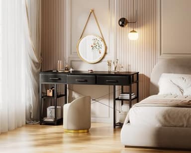 ODK Office Small Computer Desk: Home Table with Fabric Drawers & Storage Shelves, Modern Writing Desk, Black, 48"x16" - Image 9