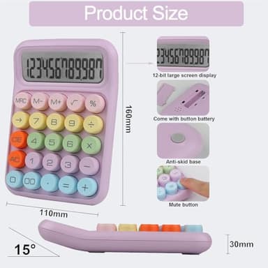 Envysun Colorful Candy Calculator,Mechanical Calculator Cute 12 Digit Large LCD Display Big Round Button Calculator,Easy to Press,for School Office Business Home,Automatic Sleep,with Batter(Purple) - Image 2