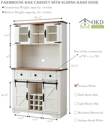 OKD 72" Farmhosue Bar Cabinet with Sliding Barn Door, Large Kitchen Buffet with Hutch w/Wine & Glasses Rack, 3 Drawers, 12 Storage Shelves, Rustic Coffee Bar Sideboard Table, Antique White - Image 2