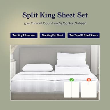 Luxury Split King Sheets Set For Adjustable Bed, 100% Cotton 500 Thread Count Sateen, Snug Fit, Set With Twin-XL Fitted Sheets, Hotel Quality Damask Stripe Bedsheets (Split King, Stripe - White) - Image 2