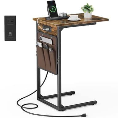 Vagusicc C Shaped End Table with Charging Station, Small Side Table for Couch, Tall Sofa Table Couch Side Tables, Slide Under Sofa Table TV Tray Arm C Tables for Living Room, Bedroom, Bedside, Brown - Image 1
