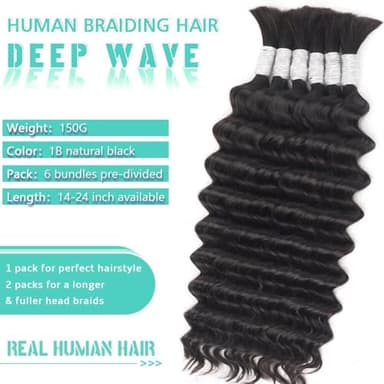 Human Braiding Hair for Boho Braids Deep Wave Bundles Human Hair 150g 6 Bundles/Pack 14 Inch Bulk Boho Hair for Braiding 12A Brazilian Curly Boho Braids Human Hair Braiding Hair Natural Color - Image 2