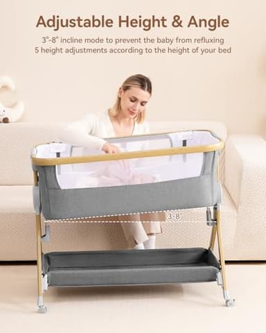 Larex Baby Bassinet Bedside Sleeper for Baby, Baby Crib Bed for Newborn Infant, Bedside Bassinet with Wheels, 5 Adjustable Height, Mosquito Net, Breathable Mattress and Mesh, Storage Basket and Bag - Image 4