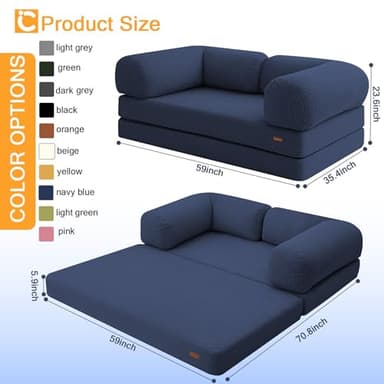 COMAX Futon Sofa Bed, 4-in-1 Floor Foldable Sofa Couch Bed Queen with L-Shaped Armrests, Convertible Folding Chair Bed Sleeper Mattress Fold Out Comfy Lounge for Living Room Bedroom, Dark Navy Blue - Image 2