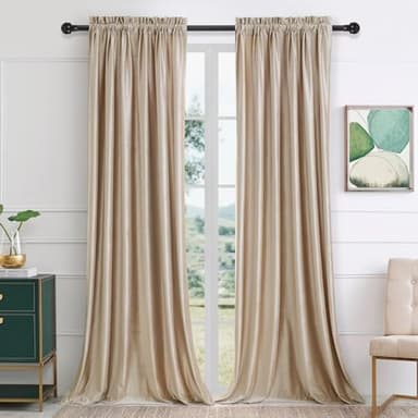 PRIMROSE Velvet Curtains 120 inches for Living Room Champagne Beige Rod Pocket Window Drapes Treatment Room Darkening Blackout Curtains for Bedroom Set of 2 Panels - Image 1