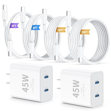 QZIIW iPhone 17 16 15 Pro Max Charger Fast Charging,45W Dual Port USB C Fast Charger Block [2-Pack] & Extra Long 60W 3/6/10/10FT USB C Cable - PD Quick Adapter 3.0 for iPhone 16 15 17/16 15 17 Pro. - Image 1