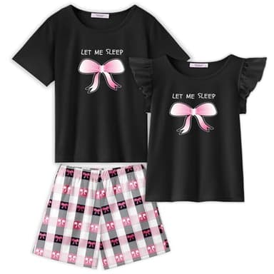 Arshiner Girls Pajamas Set Short Sleeve Pjs Sleepwear 3PCS Summer Lounge Sets Nightwear Bow Plaid 5-6Years - Image 1