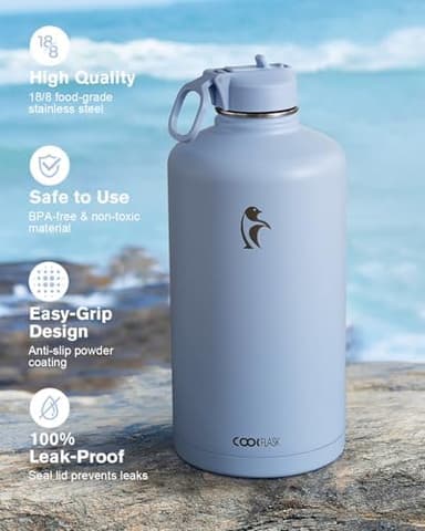 Coolflask 128 oz Gallon Water Bottle Insulated with Straw&3 Lids, Water Jug Large Stainless Steel Metal Vacuum Wide Mouth for Sports, Gym or Office, Non-BPA Keep Cold 48H Hot 24H, Light Blue - Image 4