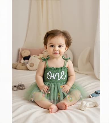 DLLYING 1st First Birthday Outfit Girl Baby Summer Sleeveless Smocked Fairy Berry Sweet 1 One Year Old Onesie Bodysuit Romper Tulle Dress + Headband Cake Smash Photo Shoot Clothes Green 1 Year - Image 4