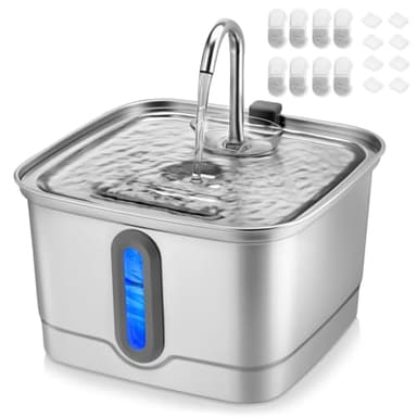 SEIRMEP Stainless Steel Cat Water Fountain, 101oz/3L Automatic Pet Water Fountain, Dog Water Fountain with Replacement Filters for Cats, Small Dogs (8 Filters and 8 Sponges) - Image 1