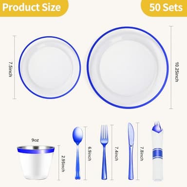 Goodluck 350 Piece Dark Blue Plastic Dinnerware Set for Party, Clear Disposable Plates for 50 Guests, Include: 50 Dinner Plates, 50 Dessert Plates, 50 Pre Rolled Napkins with Cutlery Set, 50 Cups - Image 3