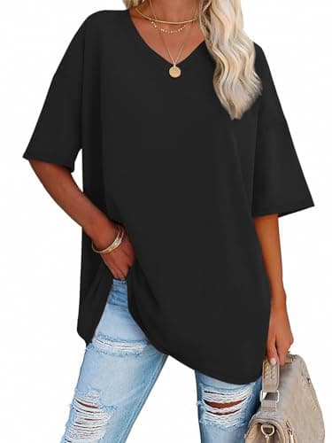 ATHMILE Womens Summer Oversized Shirts V Neck Plus Size Spring Workout Tops Beach Vacation 2025 Gym Clothes Black - Image 1