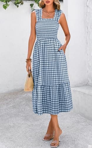 PRETTYGARDEN Women's Summer Dress Casual Square Neck Ruffle Strap Gingham Smocked Midi Flowy A Line Beach Vacation Sun Dresses 2025 (Dark Blue, XXL) - Image 7