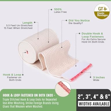 Premium Elastic Bandage Wrap (3" 2 Pack) - Hook & Loop Fasteners at Both Ends - Latex Free Hypoallergenic Compression Roll - Reusable Bandages for Waist, Legs, Elbow & Knee Wrap - Image 5