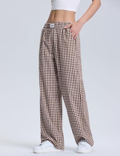LOMON Women's Gingham Plaid Wide Leg Pants Cotton Boxers Pajama Lounge Pj Casual Trousers Y2K Flowy Bottoms with Pockets (Coffee White Plaid, L) - Image 2