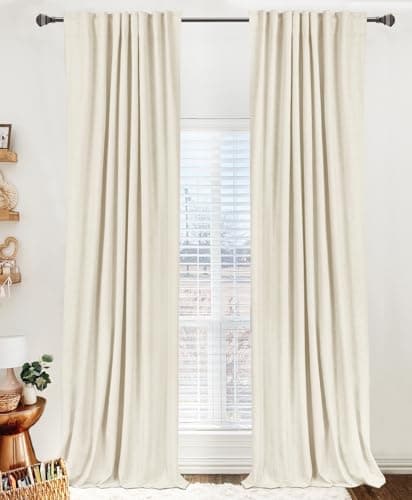 100% Blackout Shield Linen Blackout Curtains for Bedroom 84 Inches Long, Back Tab/Rod Pocket Living Room Drapes, Thermal Insulated Blackout Curtains 2 Panels Set, 50" W x 84" L, Light Cream - Image 1
