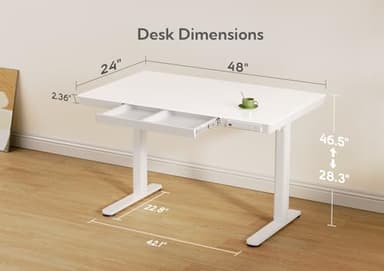 Claiks Glass Standing Desk with Drawers, 48×24 Inch Adjustable Stand Up Desk, Quick Install Home Office Computer Desk with USB Ports, White - Image 3