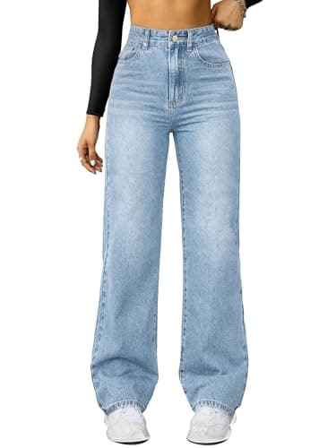 FUNUCA Straight Leg Jeans for Women,High Waisted Wide Leg Loose Microelastic Boyfriend Denim Pants A-Blue - Image 1