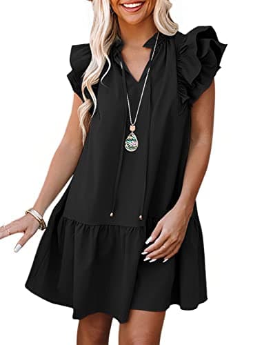 Dokotoo Womens 2025 Spring Summer Drawstring V-Neck Ruffle Sleeveless Tank Dress Resort Wear for Women Cap Short Sleeve Side Pockets Easter Mini Dress Sundress Beach Vacation Clothes Black Medium - Image 1