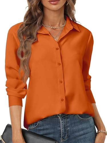 Orange Shirt Womens Button up Shirts Chiffon Blouses for Women Wrinkle Free Ladies Professional Interview Outfit Work wear Womans Trendy Clothing Women's Fall Polyester Clothes Burnt Orange Size M - Image 1