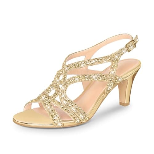 PIZZ ANNU Women's Amelia Heels Sandals Sparkle Crystal Open Toe Slingback High Heel Sandals Dress Pumps Shoes for Party Wedding, Gold 7.5 - Image 1