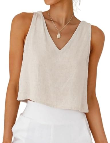IDEALSANXUN Crop Tops for Women 2025 Summer Beach Vacation Tank Top V Neck Cute Y2k Cropped Cotton Linen Sleeveless Shirts Blouses, Beige, M - Image 1
