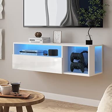 sogesfurniture 39.3'' Floating Wall TV Cabinet Stand with LED Lights, Wall Mounted Entertainment Center with Storage Shelves, Modern High Gloss Media Console for Living Room, Bedroom - Image 4