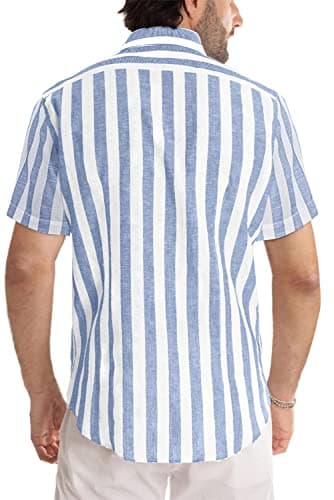 JMIERR Men's Summer Casual Stylish Short Sleeve Button-Up Shirts Cotton Linen Vertical Striped Business Dress Shirts Beach Cruise Shirt Resort Wear, L, Sky Blue - Image 3