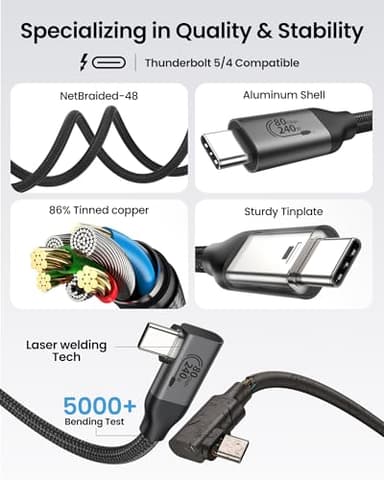 Silkland 80Gbps Right Angle USB 4 Cable for Thunderbolt 5 Cable 4FT, 120Gbps Bandwidth for 16K/Dual 8K, 240W, 90 Degree Braided USB C Video Cable Compatible Thunderbolt 4/5, MacBook M4 Pro,Dock,eGPU - Image 5
