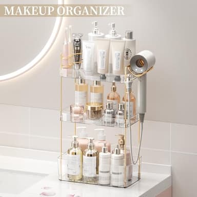 shuang qing Bathroom Counter Organizer with Hair Dryer Holder, Hair Tool Countertop Storage, Cosmetics Skincare Shelf Organizer, Makeup Organizer Perfume for Dresser Vanity Tray(3 Tier-White) - Image 4