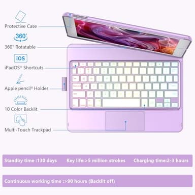 HOTLIFE Case with Keyboard for iPad 10.2,Touch Trackpad Keyboard Case for iPad 9th Generation/8th/7th Gen, 10 Corlor Backlit - 360° Rotatable Protective Cover with Pencil Holder - Image 6