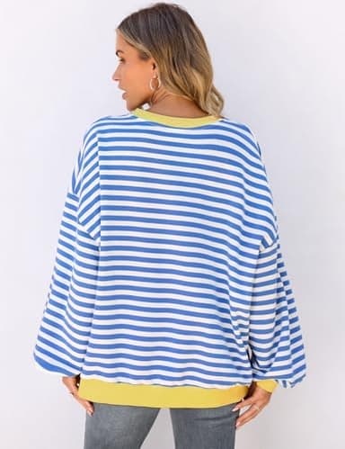 UEU Striped Sweatshirts for Women Oversized Color Block Crew Neck Sweatshirt Long Sleeve Pullover Tops Blue Striped Medium - Image 5