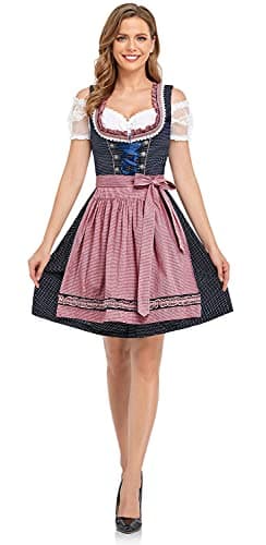 HiZiTi Oktoberfest Costumes Women Dirndl Dresses 3 Pcs German Oktoberfest Dresses Bavarian Costume Beer Carnival Outfits with Blue Dirndl Dress White Blouse Pink Detachable Apron M - Image 3