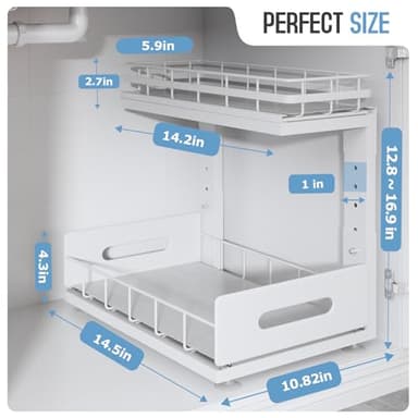 Biboraya 2 Pack Under Sink Organizer with Smooth Ball Bearing Slides,2-Tier Pull Out Cabinet Storage,Slide Out Drawers for Bathroom&Kitchen,Under Sink Shelf,Rust-resistant Coating,Height Adjustable - Image 2