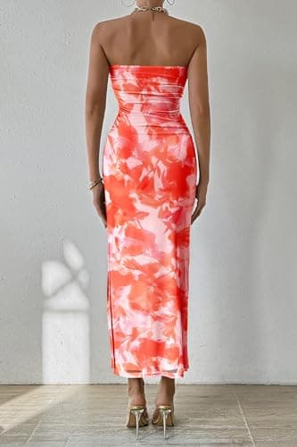 PRETTYGARDEN Women's Summer Maxi Bodycon Dresses Strapless Tube Top Printed Long Party Club Slit Dress (Print Light Orange,Medium) - Image 2