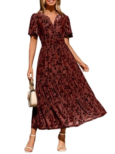 Amegoya Womens Velvet Burnout Dress Fall Wedding Guest Maxi Dresses Short Sleeve V Neck Semi Formal Long Bridesmaid Dress（Rust L） - Image 1