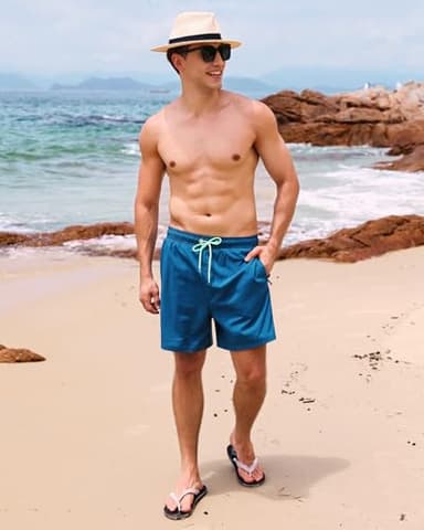 SILKWORLD Mens Swimming Trunks with Compression Liner 2 in 1 Quick-Dry Bathing Suits with Zipper Pockets,Blue,3X-Large - Image 2