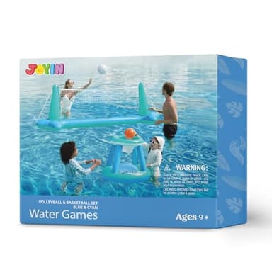 JOYIN XL Inflatable Pool Float Set, 125'' Volleyball Net & Basketball Hoops, Extra Large Floating Swimming Game Toy for Kids and Adults, Summer Floaties, Volleyball Court|Basketball, XL-Blue, Cyan - Image 8