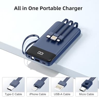 penaover Portable Charger 10000mAh Power Bank with Built-in Cable, 5 Output 2 Input Travel Essential External Battery Pack with LED Display Compatible with iPhone 16/15 Samsung S22 Android,etc - Image 2