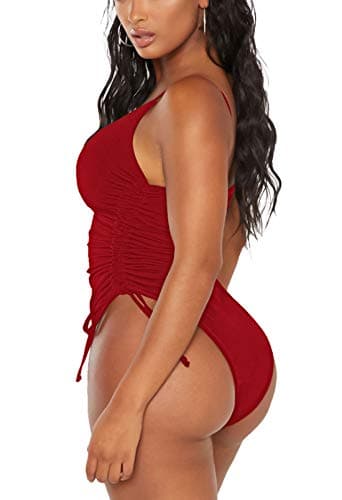 Viottiset Women's Ruched Drawstring One Piece Swimsuit High Cut Bathing Suit Red Large - Image 4