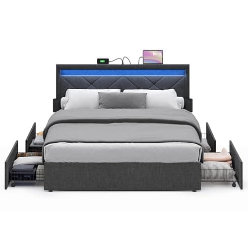 VASAGLE LED Bed Frame Queen Size, Queen Bed with Headboard and 4 Drawers, 1 USB Port and 1 Type C Port, Adjustable Upholstered Headboard 36.7/39.3 Inches, No Box Spring Needed, Dark Gray URMB821G71 - Image 1